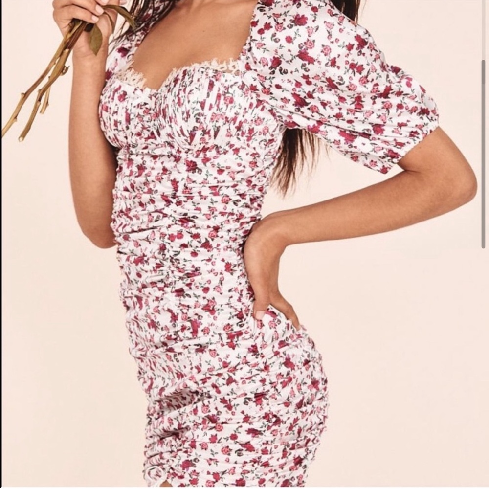 NWT For Love & Lemon White & Pink floral pink puff sleeve dresss